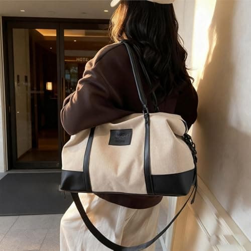 Travel Duffle Bag for Women, Canvas Carry On Weekender Overnight Bags with Wet Pocket, Gym Tote Bag for Business Trip Sports, Beige Black, 16.9 x 10.6 x 5.9 inches, Weekender Duffel Overnight Bag — view 2