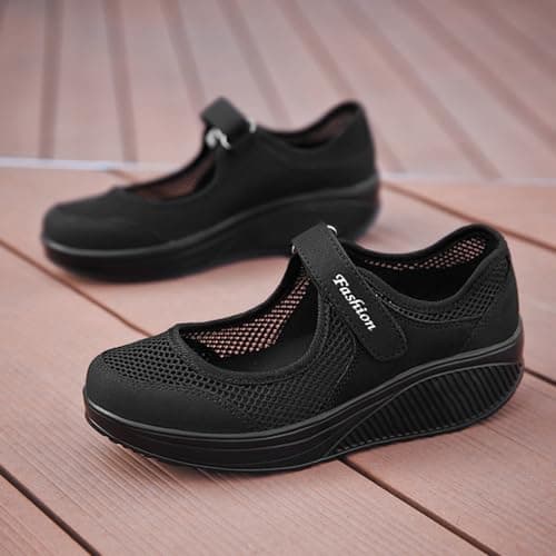 Mary Jane Sneakers for Women Wide Fit Orthopedic Trainers Walking Breathable Adjustable Strap Anti Slip Summer Casual Ladies Outdoor Sport Shoes (Z02 Black, 6) — view 4