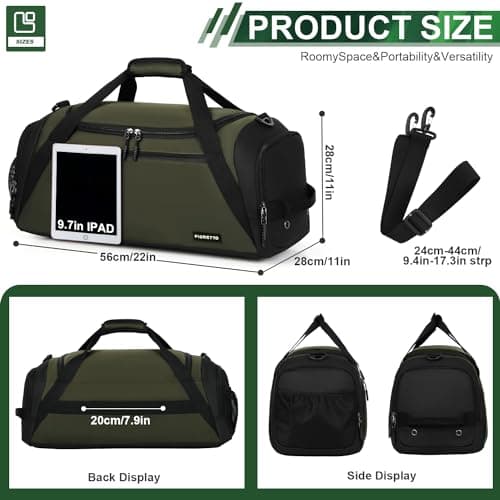 FIORETTO 45L Mens Sports Gym Bag with Wet Pocket & Shoe Compartment, Travel Duffle Bag Overnight Bag with Padded Shoulder Strap, Water-Resistant Holdall for Swimming, Basketball, Football Army Green — view 2