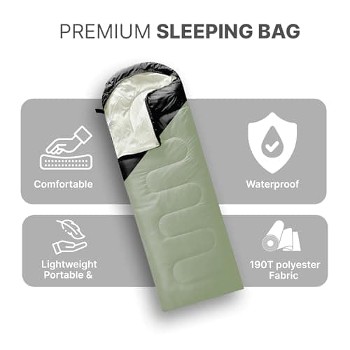 azark Premium Lightweight Sleeping Bag for Adults & Kids, 400 GSM, 4 Season Waterproof Sleeping Bag, Comfortable & Portable, Machine Washable, Camping & Hiking Essential (Black/Green) — view 2