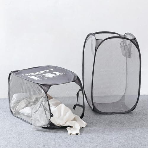 Laundry Basket, Pack Foldable Laundry Hamper Pop Up with Durable Handles, Portable Mesh Washing Laundry Bag with Handle Great for Home Kids Room College Dorm Travel（Black） — view 3