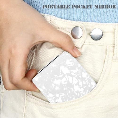 Delicate Compact Travel Vanity Mirror for Girls Women Men, Classic White 2-Sided Folding Makeup Mirrors for Pocket Purse Handbag Wallet, Portable Magnifying Slim Cosmetic Mirror with 3D Shell Pattern — view 5