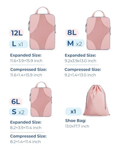 BAGSMART Compression Packing Cubes Set for Travel, 6 Set Packing Cubes Clothes Storage Bags for Carry On Suitcase, Lightweight Travel Essentials (6-Pack (1L+2M+2S+1Shoe Bag), Pink — view 6