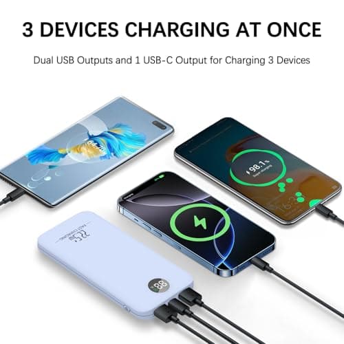 Slim Power Bank, 10000mAh 22.5W Fast Charging USB C in/out Battery Pack, 3 Outputs Lightweight Portable Charger Compatible with iPhone 16 15 14,iPad,and More (Blue) — view 3