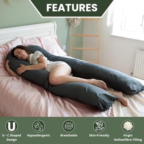Bedding Home Charcoal 12ft Pregnancy Pillows For Sleeping | U Shaped Maternity Support Full Body Pillow | Cuddle Cushion Side Sleeper Long Pillow for Pregnant Women (12ft U Pillow, Charcoal) — view 2