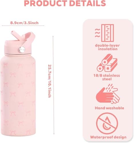 Insulated Bottle,1L Bow Pattern Stainless Steel Vacuum Flask - Leakproof Water Bottles with Straw - for Coffee, Drinks, Sports, Home, Travel — view 5