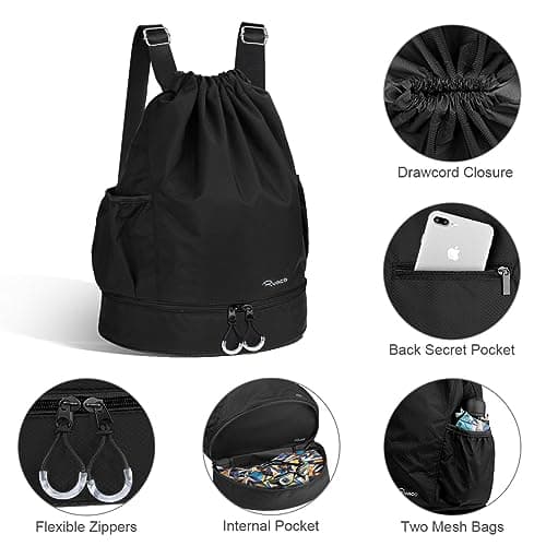 RYACO Drawstring Backpack Sports Gym Bag, Water Resistant String Sackpack Large Size with Zipper and Water Bottle Mesh Pockets for Gym Shopping Sport Yoga School Swimming Beach — view 2