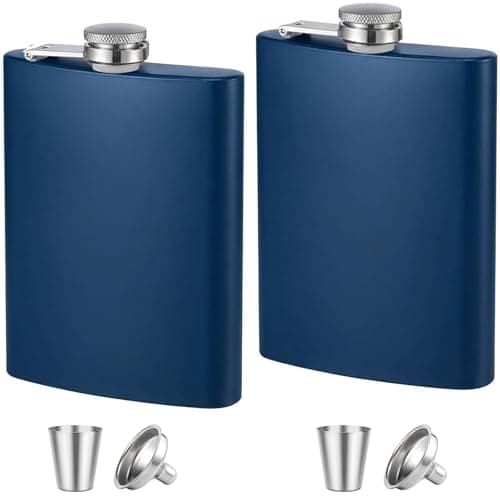 Stainless Steel Hip Flask 8oz Blue, Metal Flask for Whiskey Liquor, Small Pocket Flask with Funnel Cup, Mini Flask for Men Women Travel Camping Gifts 2 Pack