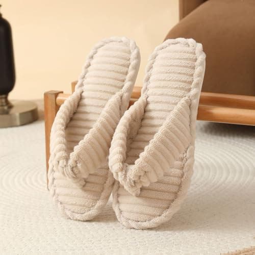 Women’s Ribbed Towelling Thong Slippers, Comfort Memory Foam Non-Slip Soft Open Toe Summer Indoor Slides, Breathable Bedroom Slip On Sandals for Ladies, Lightweight Travel Hospital (Beige, 6) — view 3