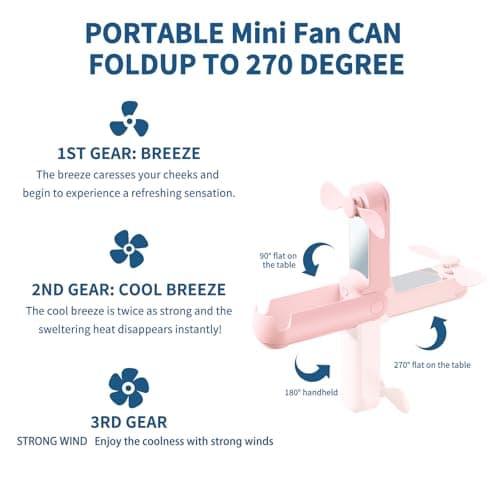 CNMTCCO Handheld Fan,5 In 1 Mini Portable Fan USB Rechargeable [13-20Working Hours]with Hanging Rope,Powerbank,Flashlight,Mirror and Mobile Phone Holder for Travel,Summer,Outdoor,Gifts for Women(Pink) — view 3