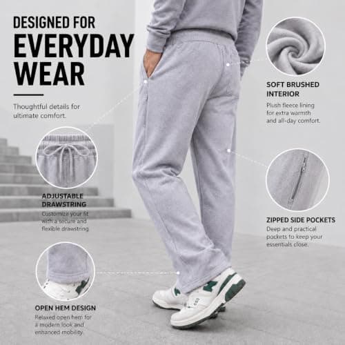 LABEL APPAREL Men's Fleece Open Hem Joggers 290 GSM Heavy Weight Sweatpants Warm Winter Bottoms Lined Casual Tracksuit Pants Jogging Trousers with Zip Side Pockets Pluse Size S-8XL (XL, Grey) — view 2