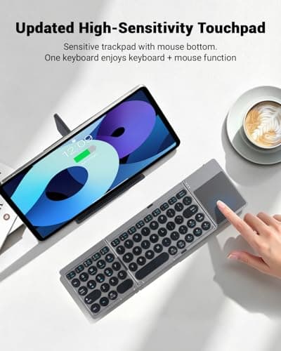 Jeifhxu Foldable Bluetooth Keyboard with Touchpad, Portable Travel Wireless Mini Folding Keyboard with Trackpad – Rechargeable Pocket Size Keyboard for iPad, Android, iOS, Windows, PC with PU Cover — view 2
