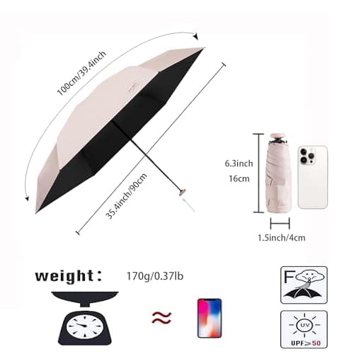 Mini Travel Folding Umbrella with Micro handle for Men Women Kids/Coating Layer Fabric/Anti UV/UPF 50+/Sun Protection 99.9%/Compact/Lightweight Small Portable/Rain/Blocking/Backpack Purse Pocket — view 2