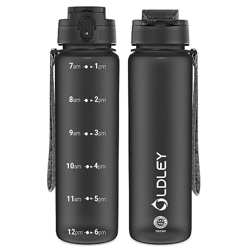 OLDLEY 1L/32oz Sports Water Bottle, 1000ml Motivational Drinks Bottle with Time Markings Leak Proof Drink & Lock Cover & No Straw, BPA Free for Adults Women Men Gym School Cycling Running Hiking
