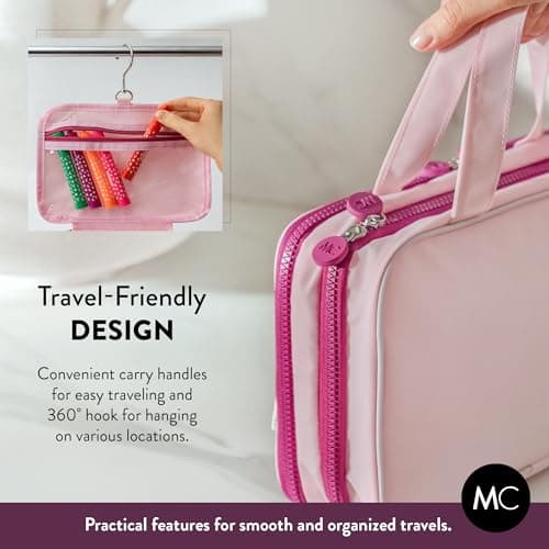 Kids Travel Organizer – Multi-Compartment, Water-Resistant Hanging Bag for Toys, Snacks, & Activities - Compact, Lightweight Design with Hook & Carry Handle - Perfect for Travel Use (Pink, Small) — view 5
