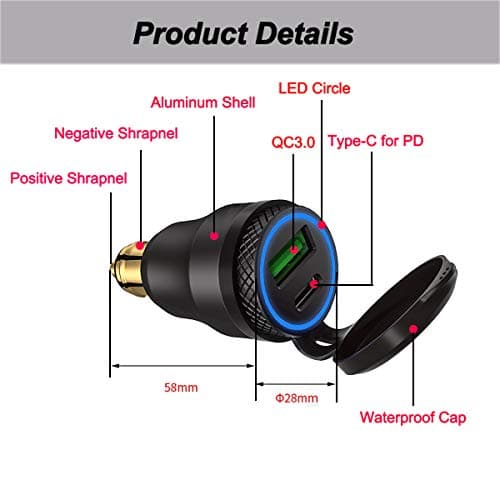iMESTOU Aluminium DIN Plug USB C Charger 30W 5A Power Delivery Motorcycle Dual USB Charger QC 3.0 Quick Charge Power Adapter Waterproof Fits for 12V-24V BMW Ducati Triumph Hella DIN Socket — view 3
