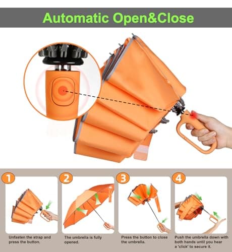 TUMAAOTU Compact Inverted Umbrella with Never Forget Carabiner Handle - Travel Umbrella Windproof Strong, Reverse Umbrellas for wind rain, Auto Open Close, 10 Rib Durable Frame for Women Men (Orange) — view 6