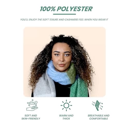 Daisy Dreamer Women Chunky Knit Bright Blanket Scarf Long Plaid Wrap Winter Warm Check Scarves Shawls with Tassel Gift for Ladies, Green/Blue Stripe — view 4