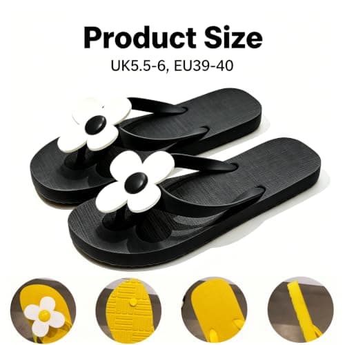 EQLEF Flower Flip Flops Women, Lightweight EVA Beach Shoes Women, Non-Slip Flat Sandals for Travel, Pool, Summer Casual (Black) — view 5