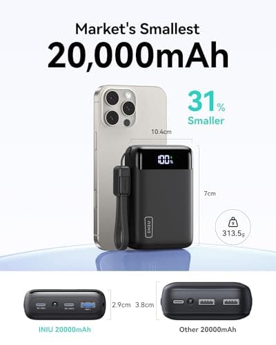 INIU 20000mAh Power Bank, Smallest Fast Charging 22.5W Portable Charger, USB C In&Out Mini Powerbank, Phone Battery Pack for iPhone 17 16 15 Pro Samsung S25 S24 Airpods iPad etc Travel & Camping — view 2