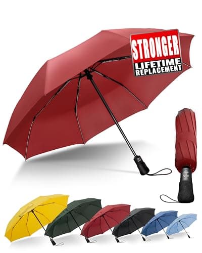 Chakipee Compact Travel Umbrella Windproof Strong- Automatic Folding Umbrellas for Wind and Rain, Portable 210T Fabric 106cm Span - 8 Ribs Portable Umbrella for Men and Women Red