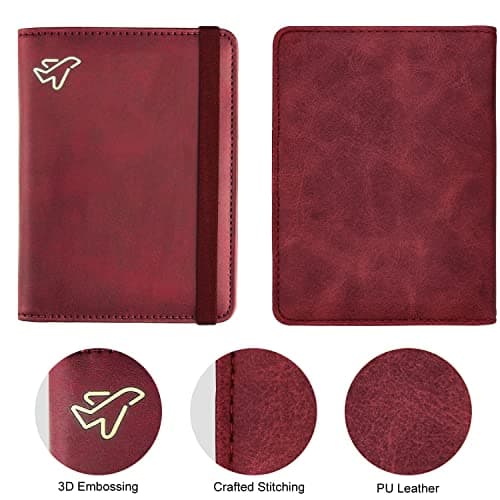 WALNEW Passport Holder, PU Leather Travel Passport Cover Wallet, RFID Passport Case with Card Holder, Travel Essentials for Women Men (Red) — view 2