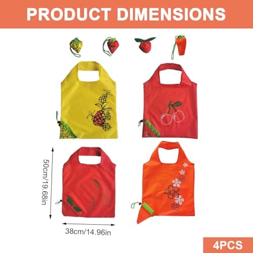 4Pack Foldable Reusable Shopping Bags Fruit Pattern Tote Bags with Drawstring Large Capacity Waterproof Machine Washable Grocery Bags Compact Portable for Travel Picnic Beach Gym Daily Use (B) — view 4