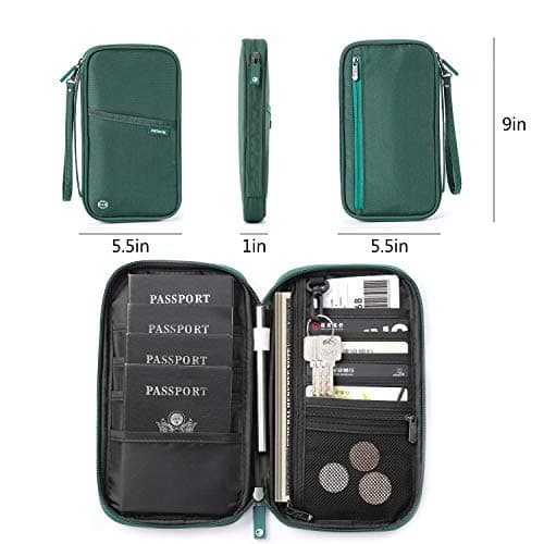 VanFn Travel Wallet Family Passport Holder RFID Blocking Travel Document Organiser Waterproof Holiday Passport Case Men Women for ID Card, Credit Cards, Flight Tickets, Money, Coins (Green) — view 6