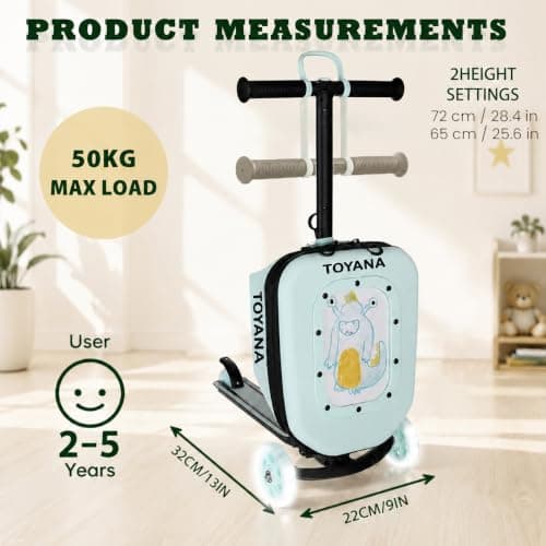 TOYANA 3-in-1 Suitcase Scooter for Kids, Foldable Ride-on Luggage Scooter, Aeroplane Carry-on Cabin Bag with LED Light-Up Wheels & Height Adjustable Handle for Toddlers 2-5 Years Boys & Girls - Mint — view 3