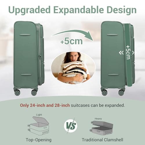 M Expandable 26" Medium Suitcase with 4 Spinner Wheels Lightweight Softside Hold Check in Luggage with TSA Lock, Green — view 3