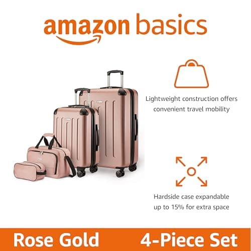 Amazon Basics Hardside Spinner Luggage Set, 4-Piece, Large Suitcase, Carry-On Suitcase, Tote Bag, Compact Travel Bag, Expandable, 4 Spinner Wheels, Rose Gold — view 2
