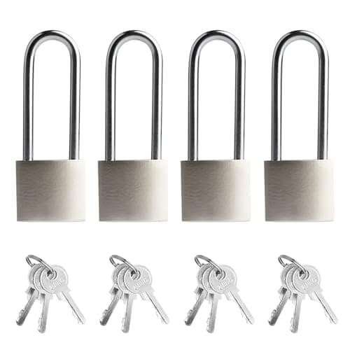 4 Pcs Long Silver Shackle Padlock with Keys Heavy Duty Outdoor Gym Locker