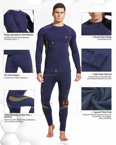 UNIQUEBELLA Thermal Underwear Men Set Long Sleeve Tops Long Johns Thermal Base Layer Bottom Fleece Lined Quick Drying for Workout Skiing Running Hiking, Blue 1, L — view 5