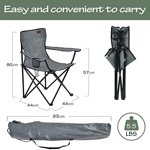 Rainberg Folding Camping Chairs, Comfortable Heavy Duty Structure, Extra Wide Garden Chair with Hard Armrest, Foldable Fishing Chair Outdoor Fold up, Cup Holder with Carry Bag. (Pack of 2, Grey) — view 3
