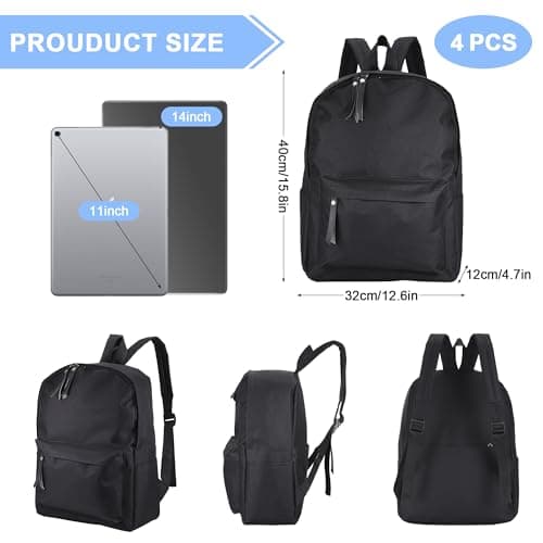 4pcs Black Backpack Unisex, School Bag for Teenager, Black Rucksack School — view 2