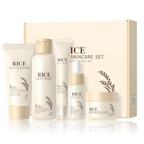 Korean Skincare Set,Glass Skin Care Gift Set,Rice Skin Care Sets & Kits-Rice Cleanser,Toner,Serum,Cream,Eye Cream,Facial Kit for Glowing Skin,Rice Raw Pulp Beauty Gift Set for Women (One Size, Rice)
