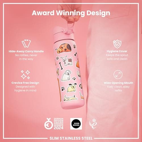 Ion8 Lightweight Steel Water Bottle, 600 ml/20 oz, Non-Insulated, Leak Proof, Easy to Open, Secure Lock, Dishwasher Safe, Flip Cover, Fits Cup Holders, Carry Handle, Metal Water Bottle, Dogs — view 6