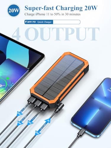 Solar Charger Power Bank 20000mAh, Portable Solar Panel Charger with Bright LEDs & 4 USB Outputs, Quick Charging Solar Phone Charger Battery Pack for Smartphone Tablets Camping Outdoor (Black) — view 4
