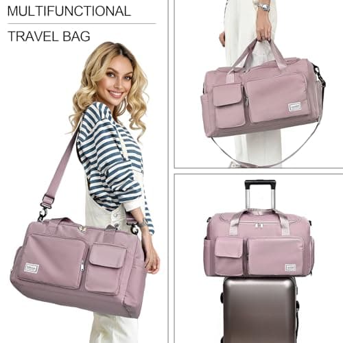 RainFlowwer Travel Duffel Bag Women Men,Sports Gym Bag with Shoes Compartment,Waterproof Travel Bag Overnight Bag with Dry Wet Separated Pocket,Carry Luggage Bag Weekender,Sports,Gym,Travel (Pink) — view 2