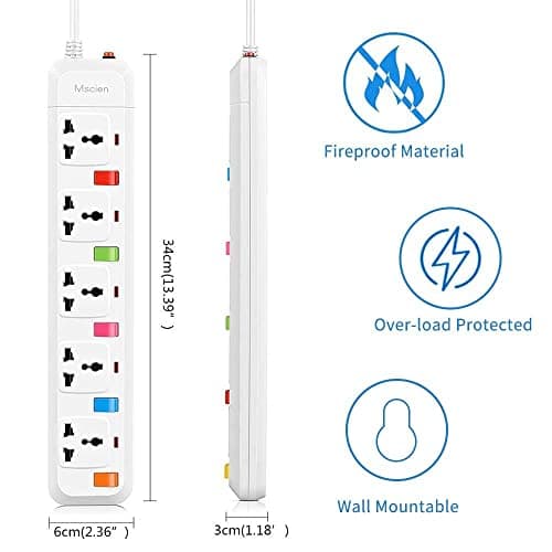 5 Way Travel Mscien Extension Lead, 5 Individual Switches UK to EU Mountable Overload Protection Power Strips with 1.8M Extension Cord — view 4
