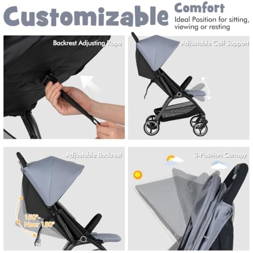 Maxmass Baby Stroller, Foldable Infant Pushchair with Adjustable Backrest & Canopy, 5-Point Harness, Storage Basket and Calf Support, Toddler Travel Buggy for 0-3 Years Old (Light Grey) — view 2