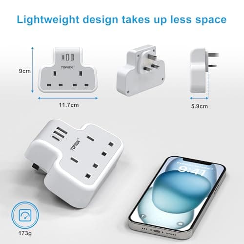 TOPREK Multi Plug Extension Socket with 2USB-A & 1USB-C, 2 Way Plug Adapter — view 5