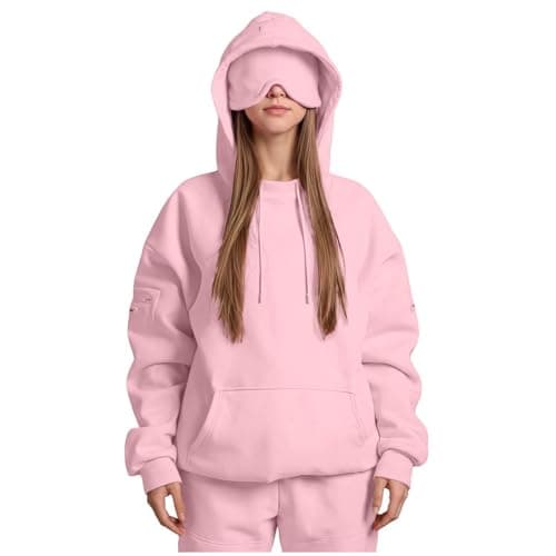 Travel Hoodie with Eye Mask Built-in Oversized Airplane Hoodie Long Sleeve Sweatshirt Pullover Solid Color Comfort Hoodies for Women Uk Autumn Winter Thermal Tops Streetwear Casual Fashion