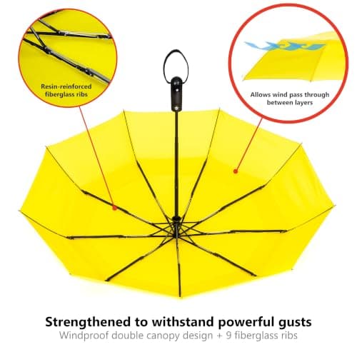 Ergonauts Travel Umbrella Windproof Vented Double Canopy – Teflon Coating, Ergonomic Handle & Protective Sleeve – Portable Compact Foldable Lightweight Design and High Wind Resistance (Yellow) — view 2