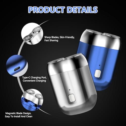 LOPHE New Mini Electric Shaver, Men's Portable Magnetic Electric Shaver Pocket Dual Head USB Rechargeable Waterproof Compact, Wet and Dry, Suitable for Travel and Home(Blue) — view 3