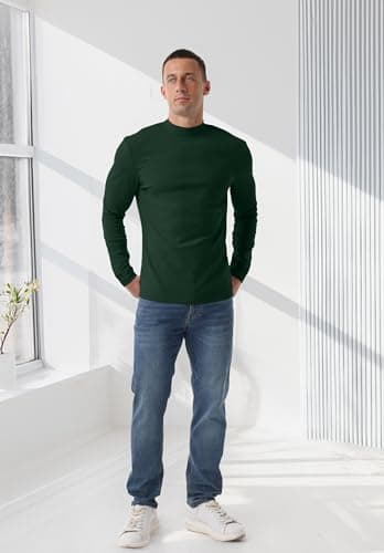 QIXING Men's Thermal Top, Long Sleeve Mock Neck Cotton Base, Dark Green, L — view 3