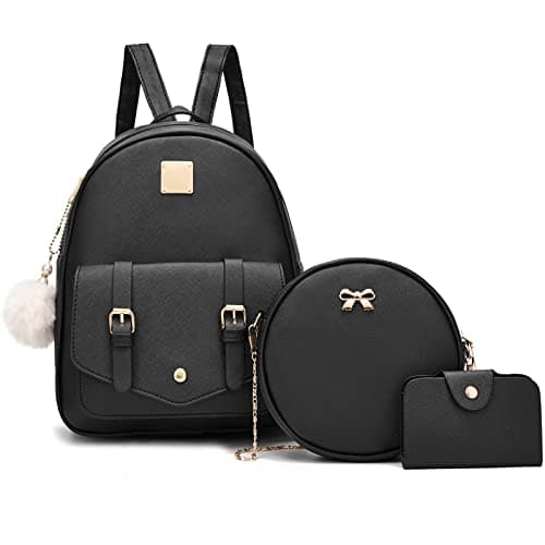 Gloppers Girls Mini Backpack Purse 3PCS Set Cute Faux Leather Rucksack with Shoulder Bag and Card Holder for Travel School (Black)