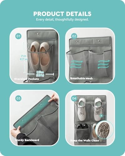Baffect Hanging Shoe Storage Wall Mounted 6 Pockets (2 pcs,grey,No Drill) — view 5