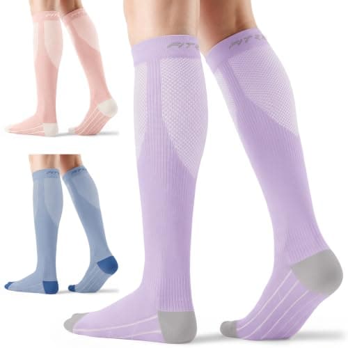 FITRELL 3 Pairs Compression Socks for Women and Men 20-30 mmHg Travel Flight Socks Medical Knee High Socks for Sport, Flying, Nurse, Pregnant Women, Varicose Veins, Light Blue+Pink+Purple, S/M — view 5