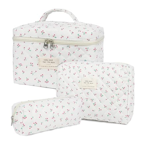 Aucuu 3PCS Coquette Makeup Bag, Quilted Makeup Bag for Women, Floral Cotton Cosmetic Bag Set, Large Capacity Aesthetic Floral Toiletry Bag, Travel Toiletry Bag, Wash Organizer Pouch for Women Girls